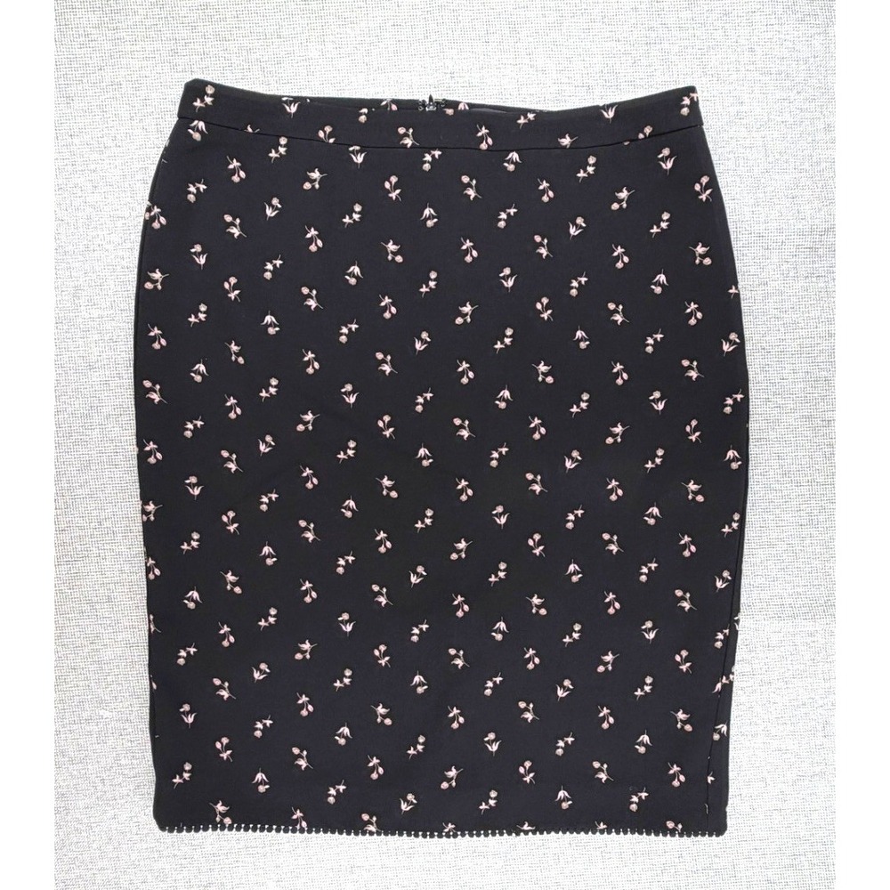 Ann Taylor Black Pink Floral Pencil Skirt Lined Pom Pom Trim Size 12 Knee Length